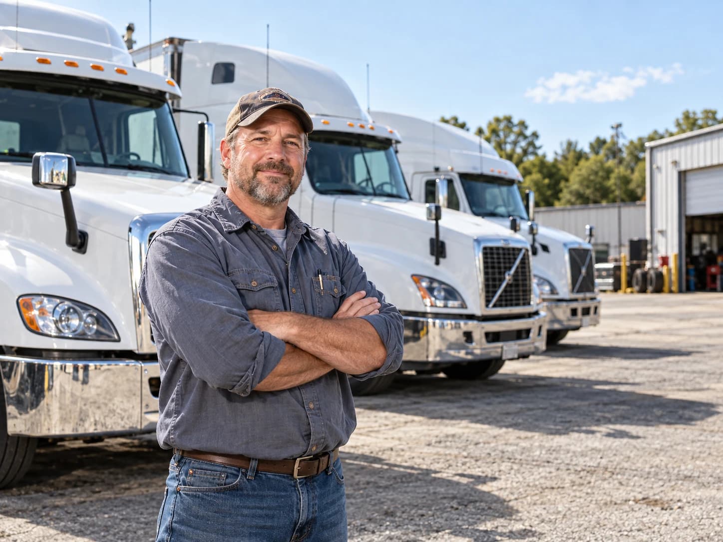 A fleet owner standing in front of a row of semi trucks at a truck yard